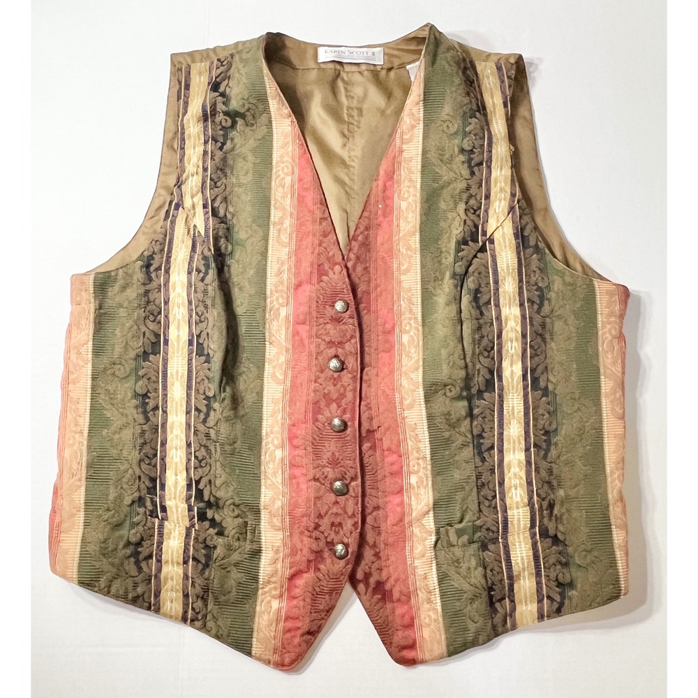 Karen Scott II Tapestry Vest Floral Wmns 2X Damask Button Front Adjust Back 90s